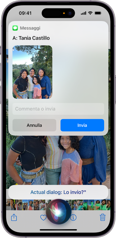 Una schermata di iPhone, con l’app di ascolto di Siri in basso al centro e, sopra di essa, la risposta di Siri sotto forma di messaggio di testo pronto per essere inviato.