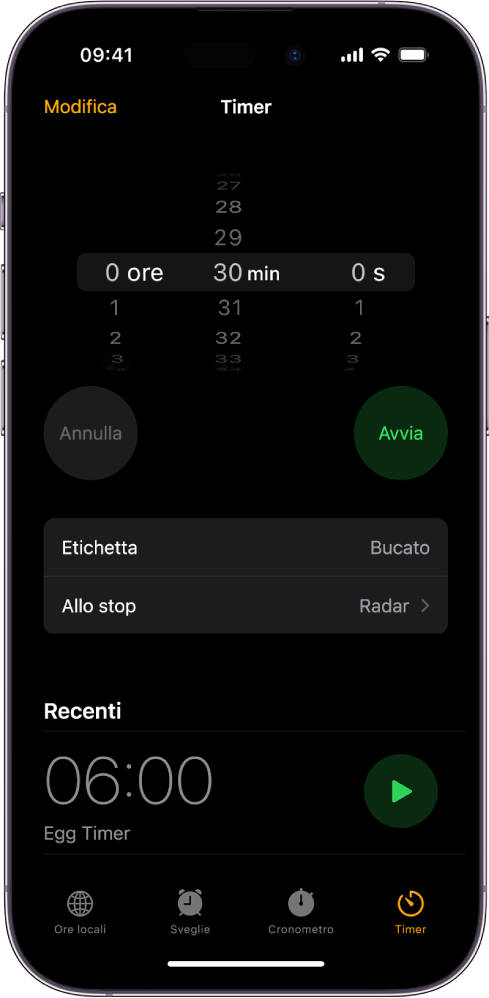 Una schermata in cui viene aggiunto un timer, con le opzioni per selezionare le impostazioni e il pulsante per avviarne uno creato di recente.