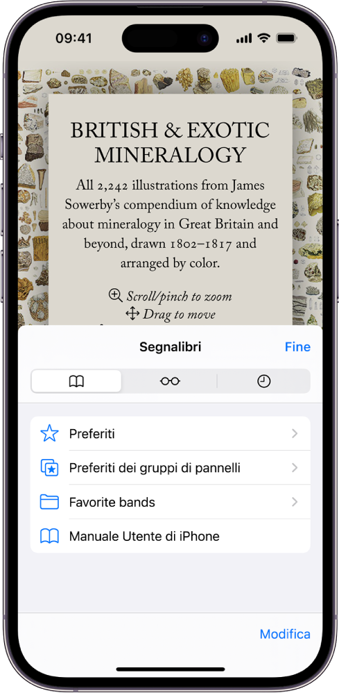 La schermata Segnalibri, con le opzioni per visualizzare i segnalibri, l’elenco di lettura e la cronologia di navigazione.