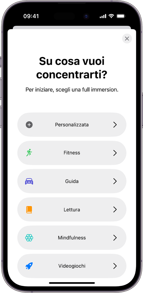 La schermata di configurazione per una delle full immersion aggiuntive disponibili, tra cui Personalizzata, Guida, Fitness, Videogiochi, Mindfulness e Lettura.