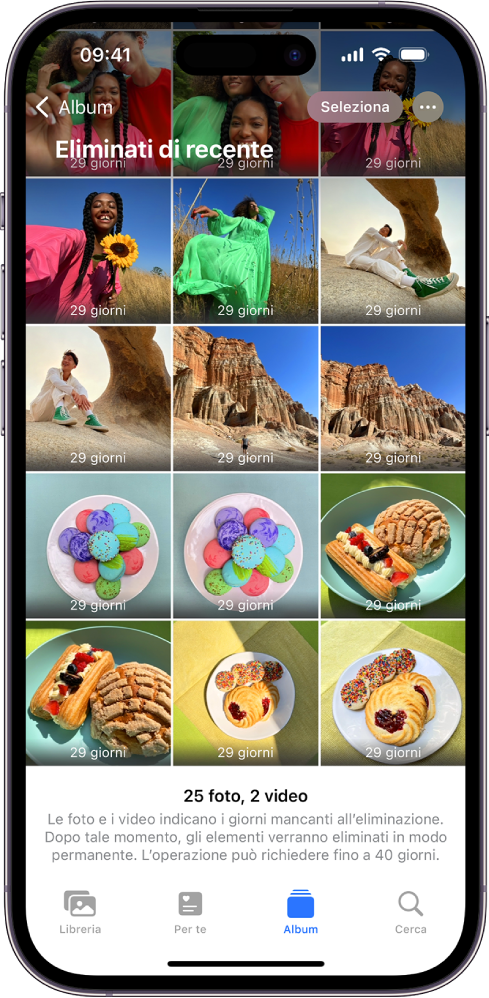 La schermata “Eliminati di recente” nell’app Foto. Le foto eliminate di recente vengono visualizzare in un layout a griglia sullo schermo.