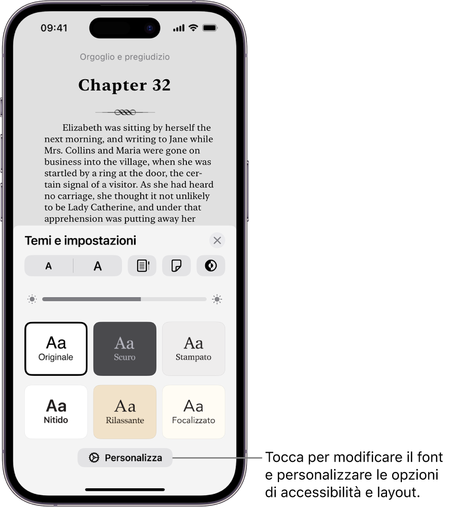La pagina di un libro nell’app Libri. Le opzioni “Temi e impostazioni” mostrano i controlli per le dimensioni del font, la vista a scorrimento, lo stile del giro pagina, la luminosità e gli stili per il font.