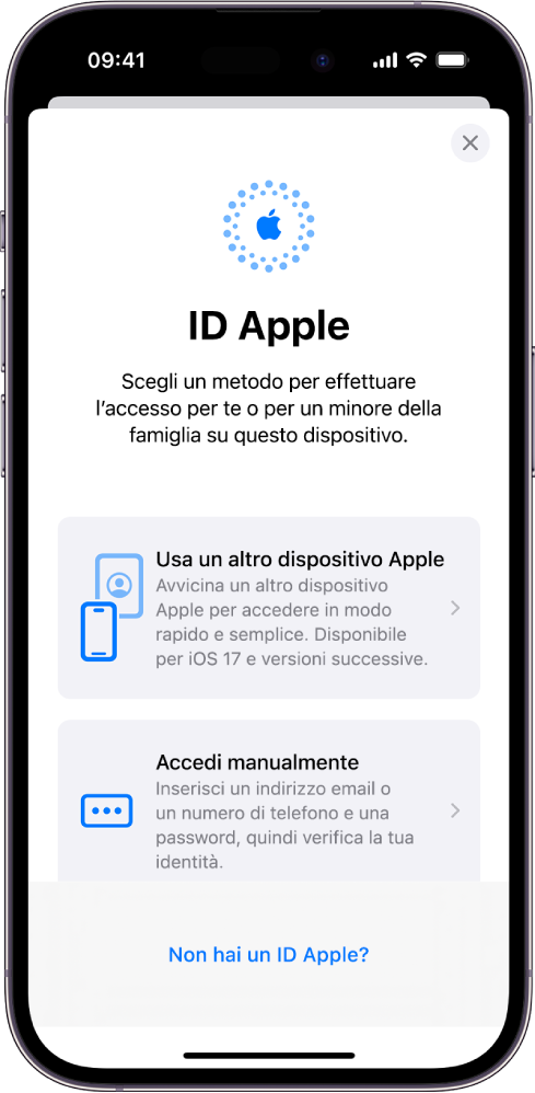 La schermata di accesso all’ID Apple con le opzioni per accedere utilizzando un altro dispositivo Apple, manualmente o se non si ha un ID Apple.