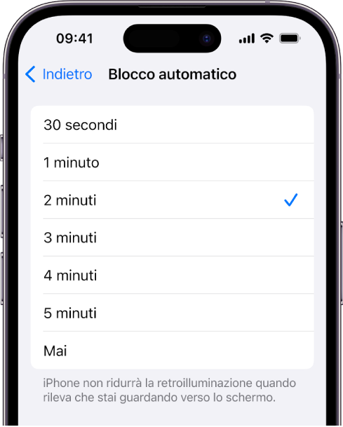 La schermata “Blocco automatico” con le impostazioni per selezionare la durata di tempo prima del blocco automatico di iPhone.