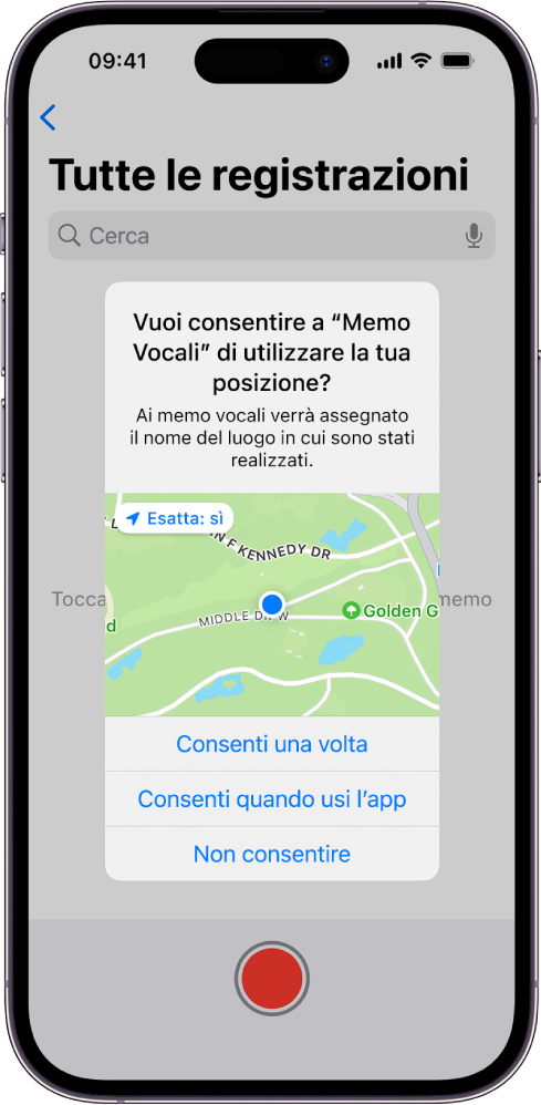 La richiesta proveniente da un’app di utilizzare i dati della posizione su iPhone. Sono mostrate le opzioni “Consenti una volta”, “Consenti quando utilizzi l’app” e “Non consentire”.