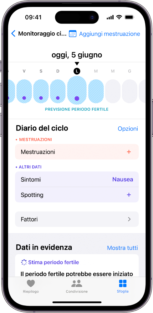 La schermata di “Monitoraggio Ciclo” con una timeline in alto che mostra una stima del periodo fertile. Sotto la timeline sono presenti opzioni per aggiungere informazioni su mestruazioni, sintomi e altro ancora.