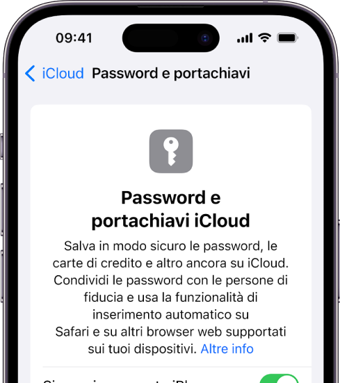 La schermata che mostra le password e il portachiavi iCloud, con l’impostazione per effettuare la sincronizzazione con iPhone.
