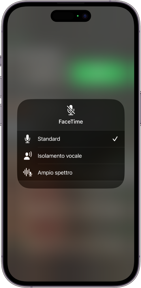 Le impostazioni Microfono di Centro di Controllo per le chiamate FaceTime, che mostrano le opzioni Standard, “Isolamento vocale” e “Ampio spettro”.