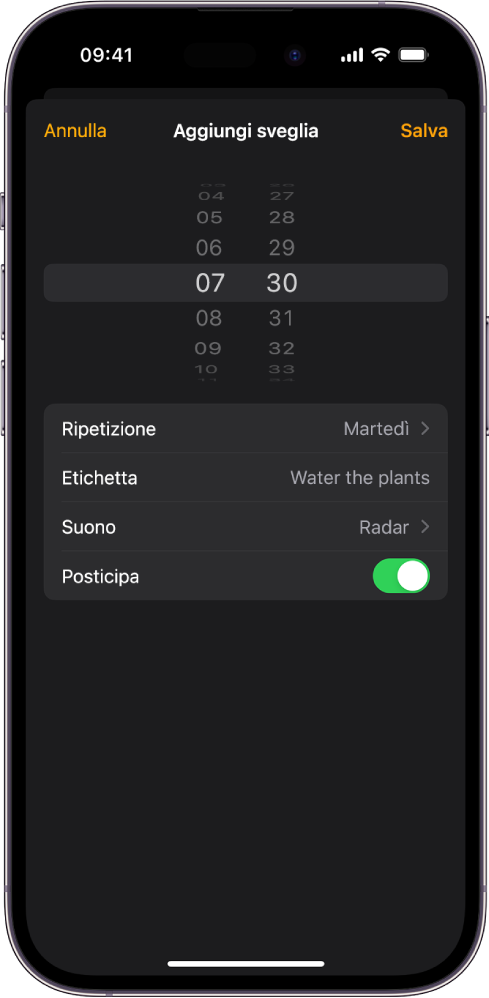La schermata di modifica della sveglia, con le impostazioni per modificare l’orario, le opzioni di ripetizione, per aggiungere un’etichetta, selezionare la suoneria e per ritardarla.