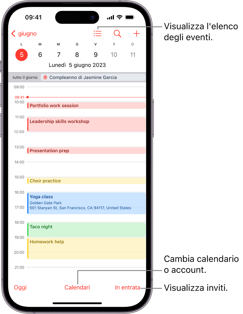 Un calendario nella vista Giorno che mostra gli eventi programmati. Il pulsante Calendari si trova in basso al centro dello schermo, mentre il pulsante “In entrata” è in basso a destra.