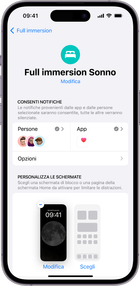La schermata della full immersion Sonno che mostra che tre persone e un’app possono inviare notifiche.