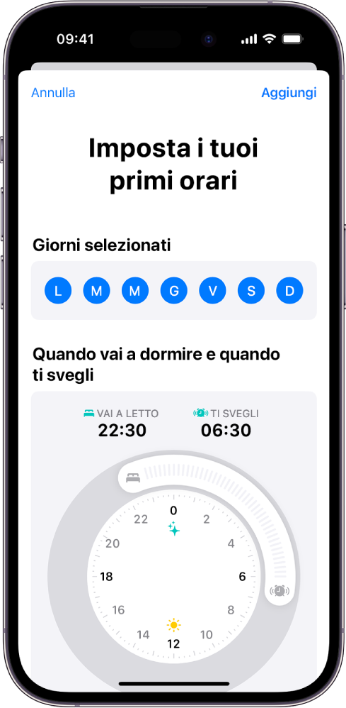 La schermata “Imposta i tuoi primi orari” nell’app Salute con la sezione “Giorni selezionati” e l’orologio con gli orari per andare a dormire e svegliarsi.