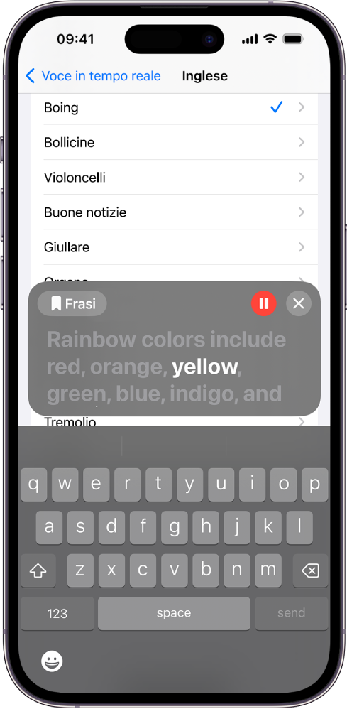 La funzionalità “Voce in tempo reale” su iPhone legge ad alta voce il testo che viene digitato.
