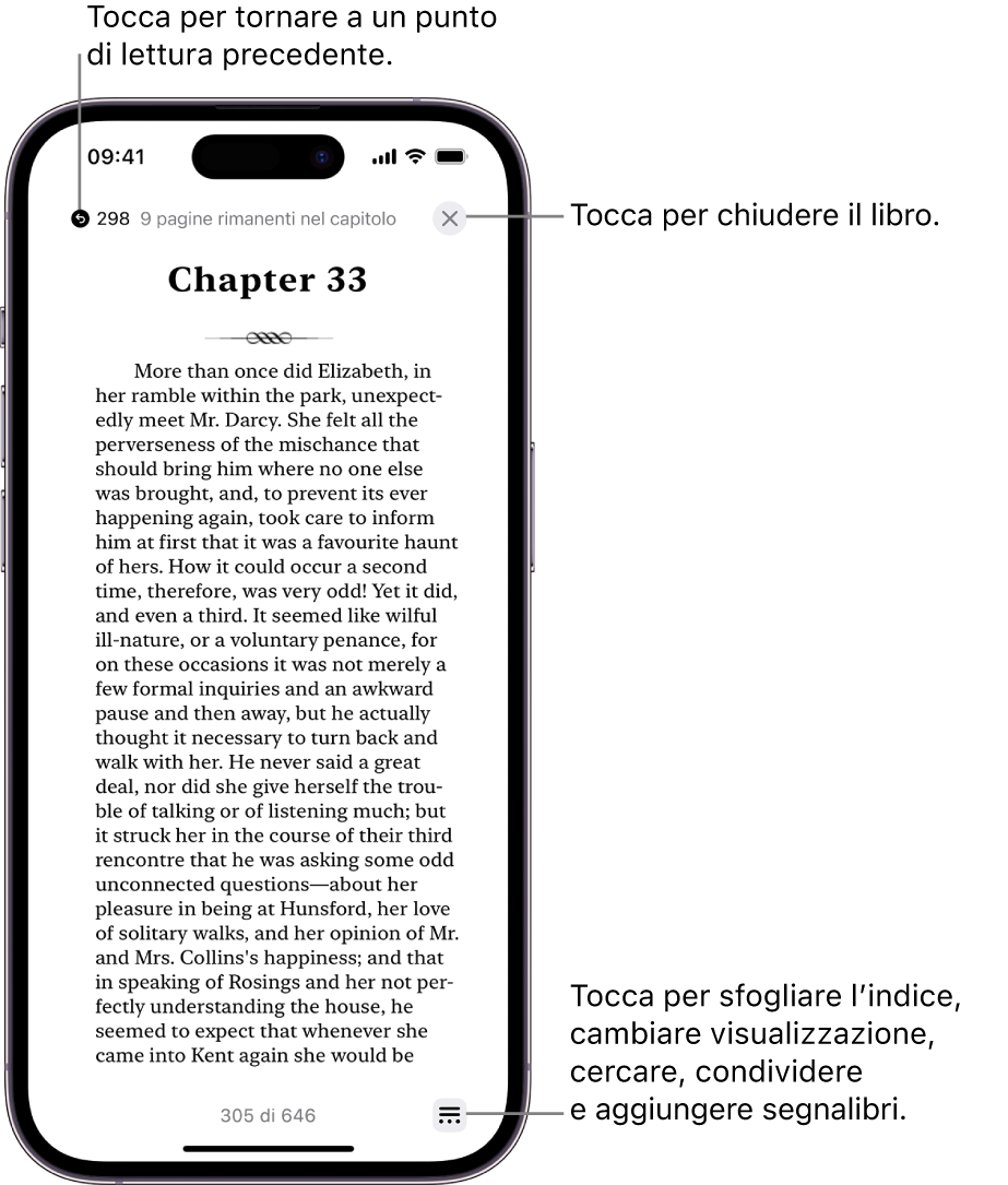 La pagina di un libro nell’app Libri. Nella parte superiore dello schermo sono presenti i pulsanti per tornare alla pagina da cui hai iniziato a leggere e per chiudere il libro. Nella parte inferiore destra dello schermo è presente il pulsante Menu.