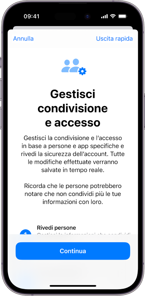 La schermata “Gestisci condivisione e accesso” con le informazioni sulla funzionalità. In basso è presente il pulsante Continua.