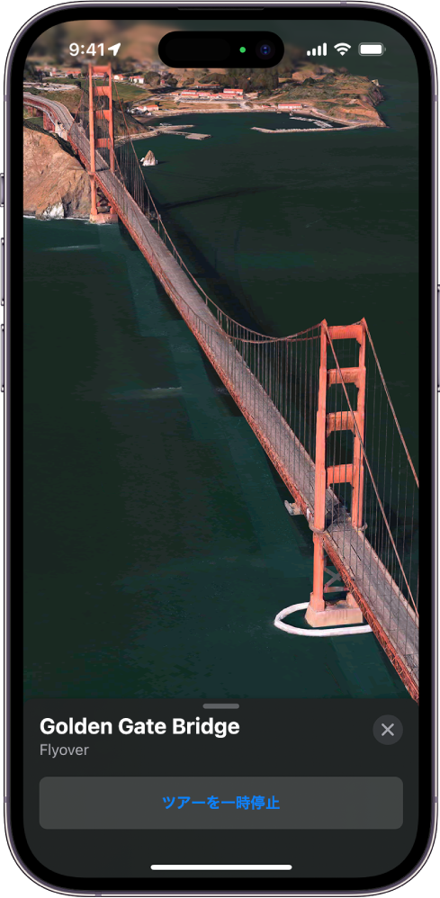 進行中のFlyoverツアー。上空からランドマーク方向を見た3D画像と、ツアーを一時停止するボタンが表示されています。