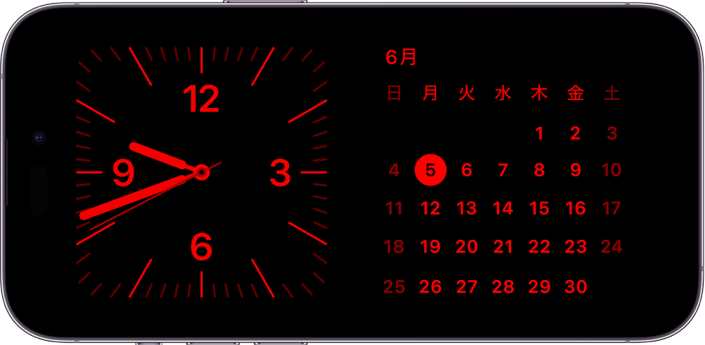 スタンバイモードのiPhone。周囲が薄暗いため、時計ウィジェットとカレンダーウィジェットが赤みがかった色で表示されています。