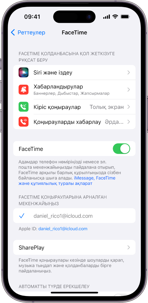 FaceTime функциясын қосатын немесе өшіретін қосқыш және FaceTime үшін Apple ID аккаунтыңызды енгізетін өріс көрсетілген FaceTime реттеулері. экраны.