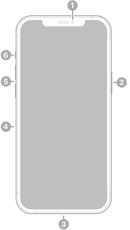 iPhone 12 Pro Max 전면. 상단 중앙에 전면 카메라가 있음. 오른쪽에 측면 버튼이 있음. 하단에 Lightning 커넥터가 있음. 왼쪽에는 아래에서 위로 SIM 트레이, 음량 버튼 및 벨소리/무음 스위치가 있음.