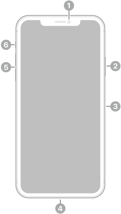 iPhone 11 Pro Max 전면. 상단 중앙에 전면 카메라가 있음. 오른쪽에는 위에서 아래로 측면 버튼과 SIM 트레이가 있음. 하단에 Lightning 커넥터가 있음. 왼쪽에는 아래에서 위로 음량 버튼 및 벨소리/무음 스위치가 있음.