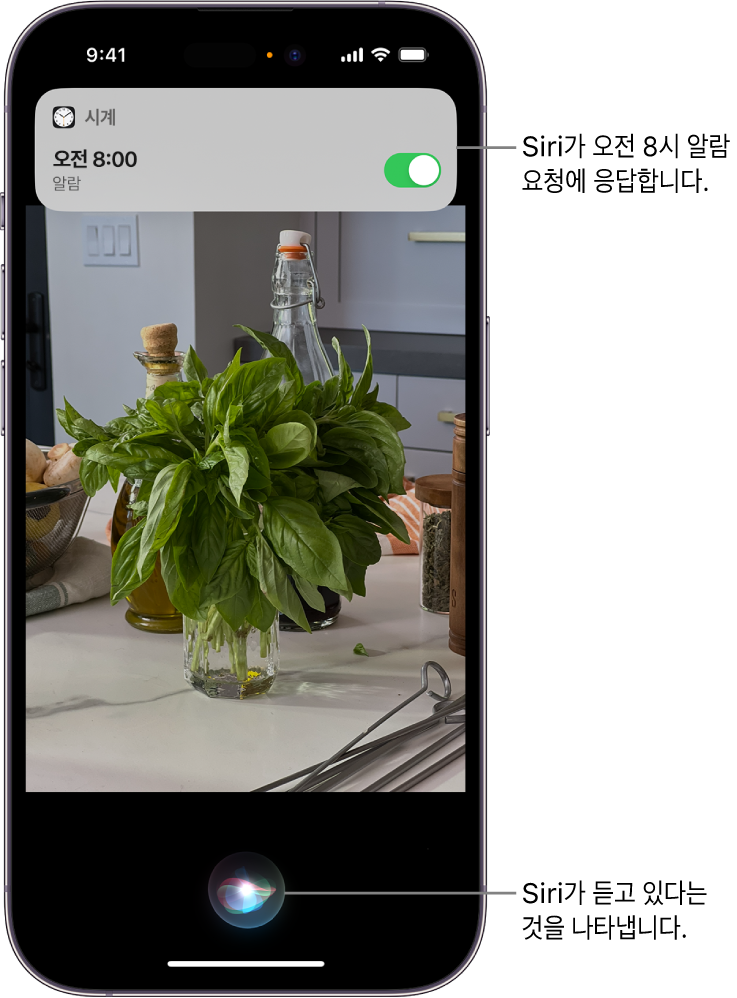iPhone 화면. 화면 상단 근처에 시계 앱의 알림이 오전 8시로 설정된 알람을 표시함. 화면 하단의 아이콘은 Siri가 듣고 있음을 나타냄.