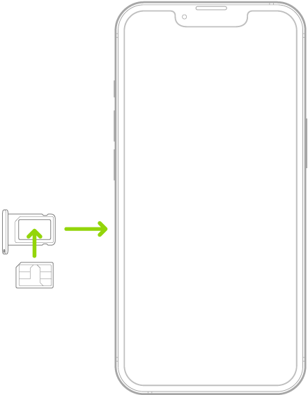 iPhone의 트레이에 SIM이 설치되어 있고 각진 모서리가 왼쪽 위를 향하고 있음.