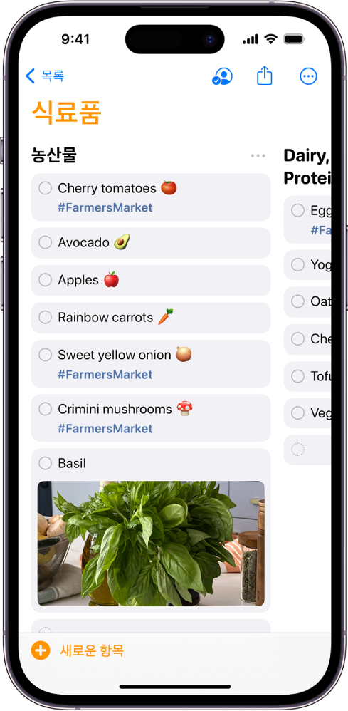 미리 알림 앱의 식료품 목록. 목록은 세로 열로 나뉘어져 있음.