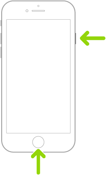Touch ID를 지원하는 iPhone. 한 화살표는 측면 버튼을 가리키고, 다른 화살표는 홈 버튼을 가리켜 스크린샷을 찍는 방법을 설명함.