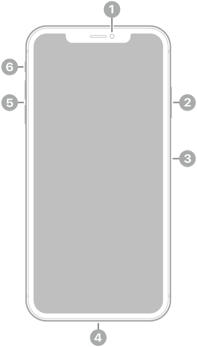 iPhone XS Max 전면. 상단 중앙에 전면 카메라가 있음. 오른쪽에는 위에서 아래로 측면 버튼과 SIM 트레이가 있음. 하단에 Lightning 커넥터가 있음. 왼쪽에는 아래에서 위로 음량 버튼 및 벨소리/무음 스위치가 있음.