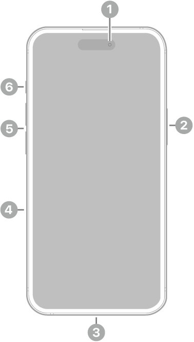 iPhone 15의 전면. 상단 중앙에 전면 카메라가 있음. 오른쪽에 측면 버튼이 있음. 하단에 Lightning 커넥터가 있음. 왼쪽에는 아래에서 위로 SIM 트레이, 음량 버튼 및 벨소리/무음 스위치가 있음.
