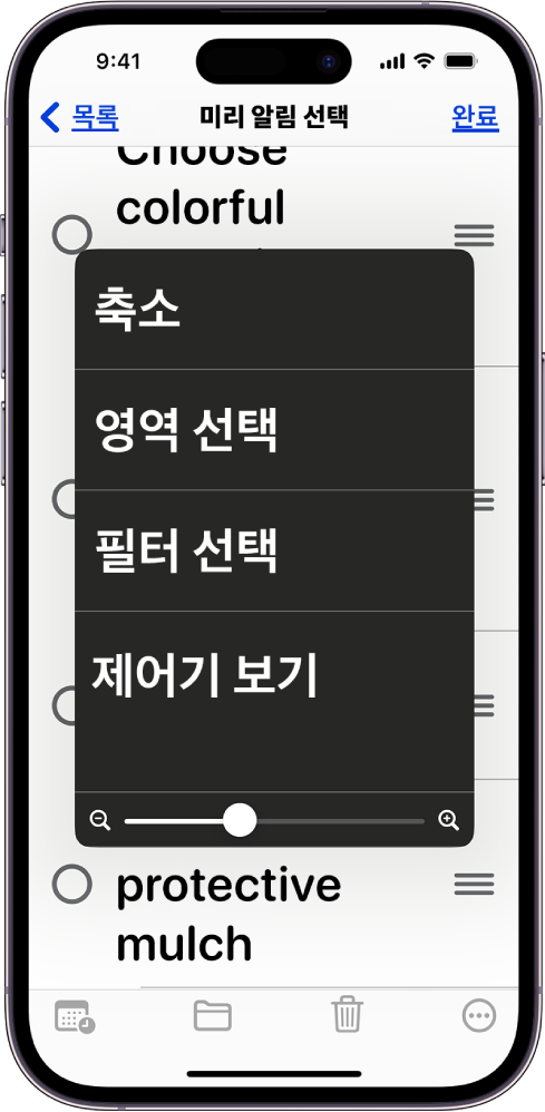 확대/축소 메뉴가 표시된 iPhone.