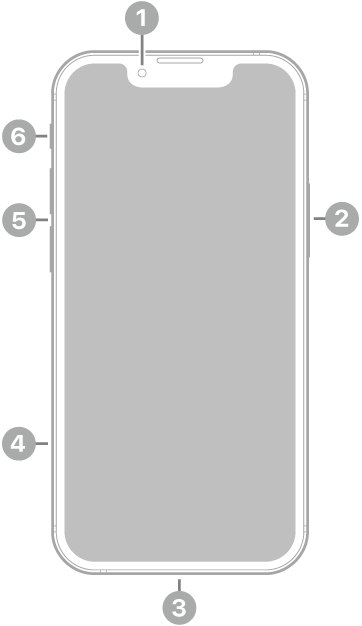 iPhone 13 mini의 전면. 상단 중앙에 전면 카메라가 있음. 오른쪽에 측면 버튼이 있음. 하단에 Lightning 커넥터가 있음. 왼쪽에는 아래에서 위로 SIM 트레이, 음량 버튼 및 벨소리/무음 스위치가 있음.