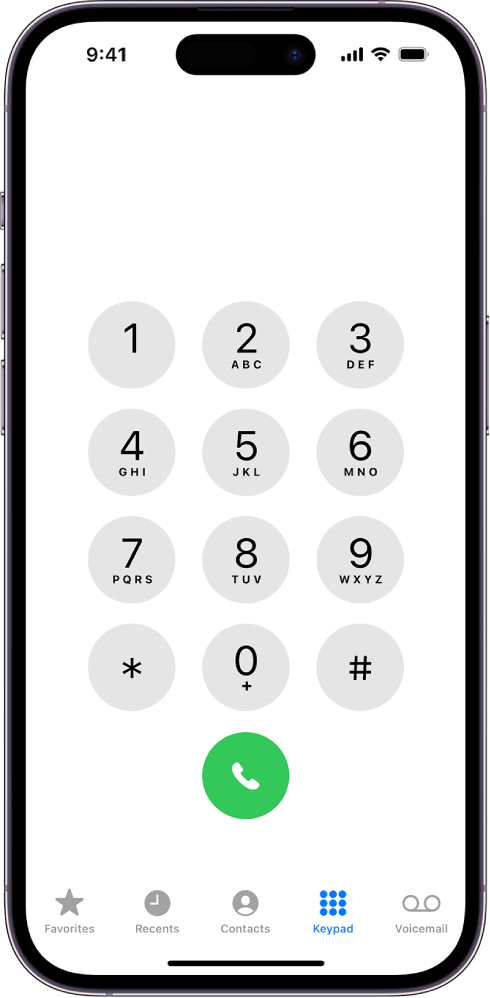 Programoje „Phone“ esantis rinkimo skydelis, kuriame rodomi skaičiai nuo 1 iki 9. Po juo yra žalias mygtukas „Dial“. Apačioje yra mygtukai „Favorites“, „Recents“, „Contacts“, „Keypad“ (pasirinktas) ir „Voicemail“.