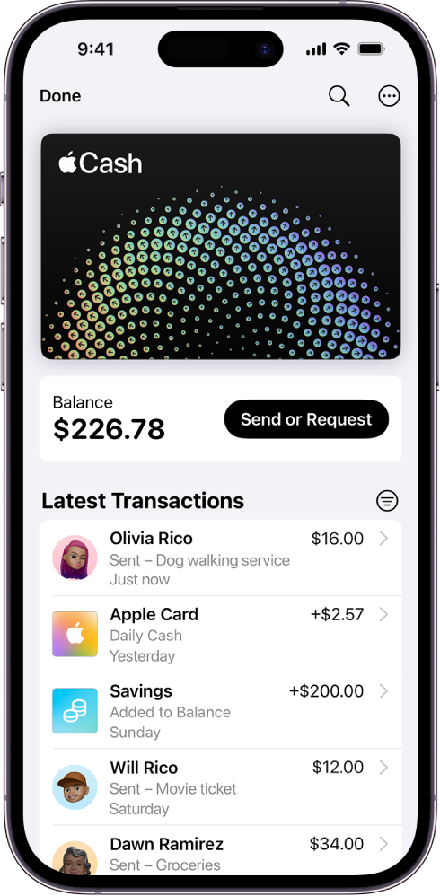 „Apple Cash“ kortelė programoje „Wallet“: viršuje dešinėje matomas mygtukas „More“, viduryje matomas dabartinis likutis ir mygtukai „Send“ bei „Request“, o apačioje – vėliausios operacijos.