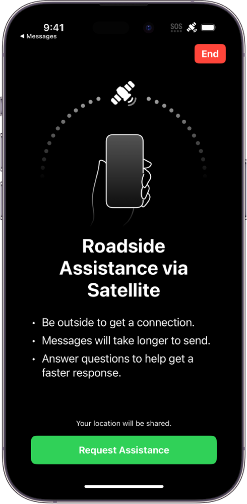 „Roadside Assistance via satellite“ ekranas. Ekrano apačioje yra mygtukas „Request Assistance“.