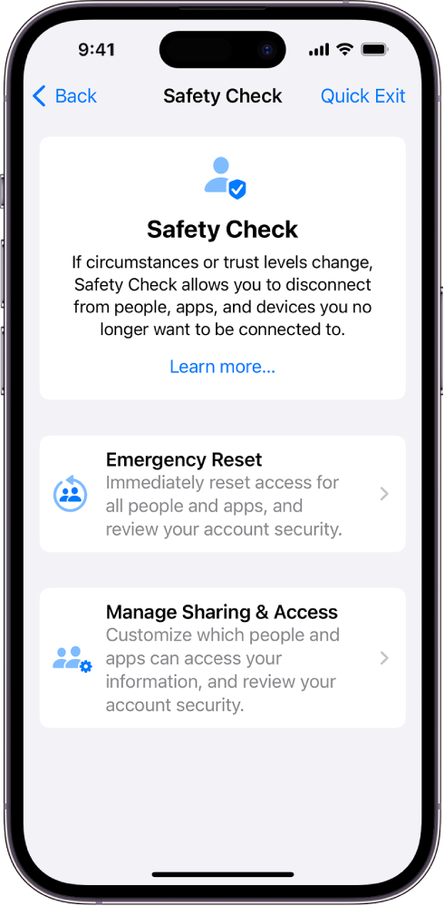 „Safety Check“ ekranas, kuriame matosi informacija apie funkciją ir mygtukai „Emergency Reset“ ir „Manage Sharing & Access“.