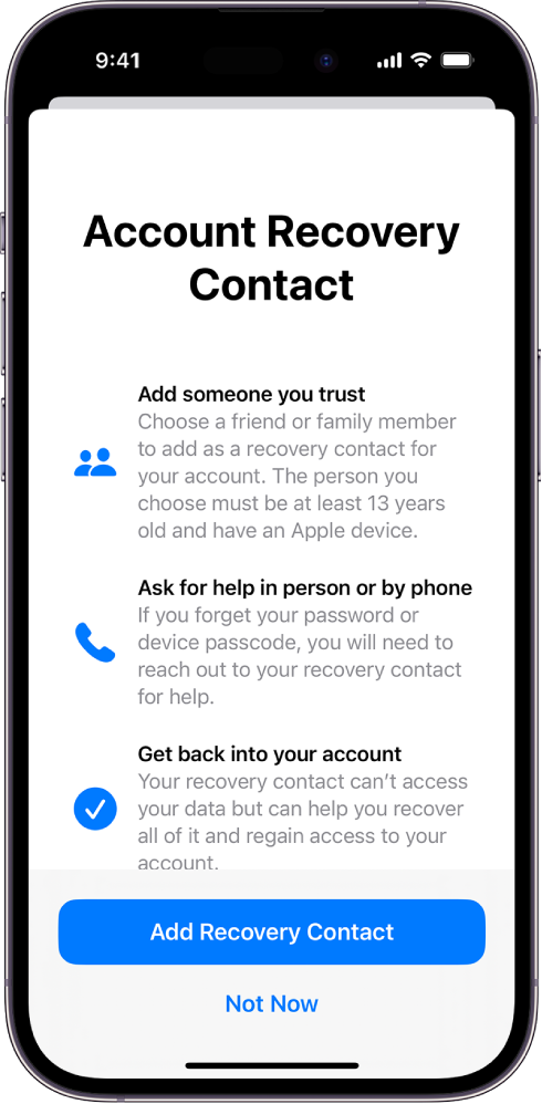 Ekranas „Account Recovery Contact“ su informacija apie funkciją. Mygtukas „Add Recovery Contact“ pateiktas apačioje.