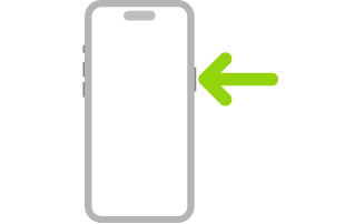 „iPhone“ paveikslėlis, kuriame rodyklė rodo į šoninį mygtuką viršuje dešinėje.