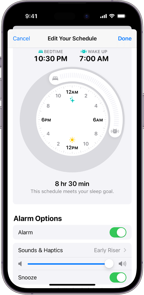 Programos „Health“ ekranas „Edit Your Schedule“, kurio viršuje yra laikrodis „Bedtime and Wake Up“, o ekrano apačioje – žadintuvo parinktys.