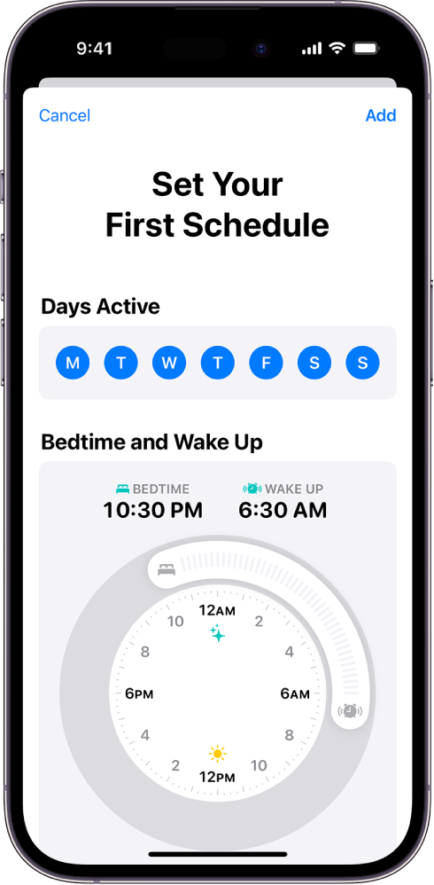 Programos „Health“ ekranas „Set Your First Schedule“ su skyriumi „Days Active“ ir laikrodžiu „Bedtime and Wake Up“.