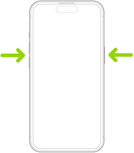 „iPhone“ kontūras su rodyklėmis, nukreiptomis į šoninį mygtuką ir garsumo mygtuką.