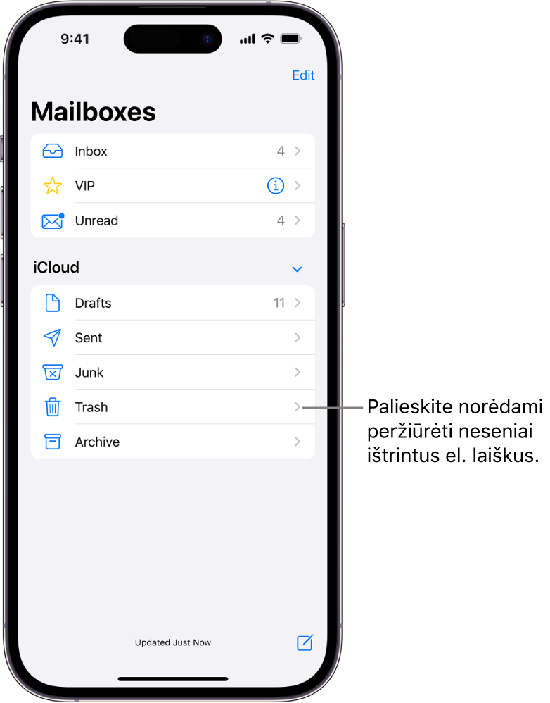 Ekranas „Mailboxes“. Po „iCloud“ iš viršaus į apačią išvardytos pašto dėžutės, įskaitant pašto dėžutę „Trash“. Palieskite ją, kad pamatytumėte neseniai ištrintus el. laiškus.