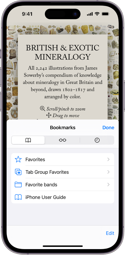 Ekranas „Bookmarks“ su parinktimis peržiūrėti žymes, skaitymo sąrašą ir naršymo istoriją.