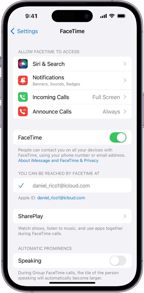 „FaceTime“ ekranas „Settings“, kuriame rodomas „FaceTime“ įjungimo arba išjungimo jungiklis ir laukas, kuriame įveskite savo „Apple ID“, kad galėtumėte naudotis „FaceTime“.