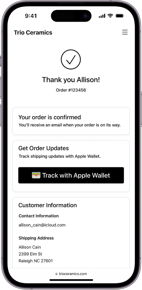 Užsakymo patvirtinimo puslapyje rodomas mygtukas „Track with Apple Wallet“.