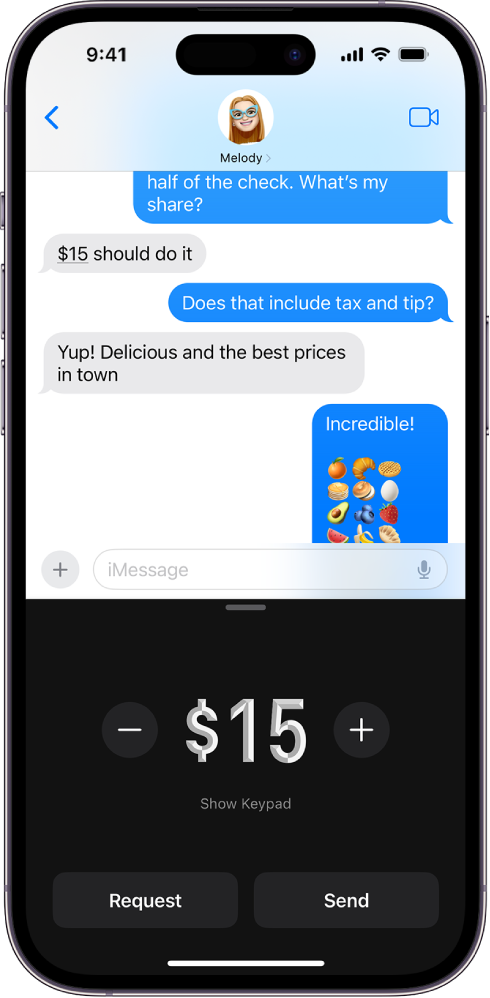 „iMessage“ pokalbis ir apačioje atidaryta programa „Apple Pay“.