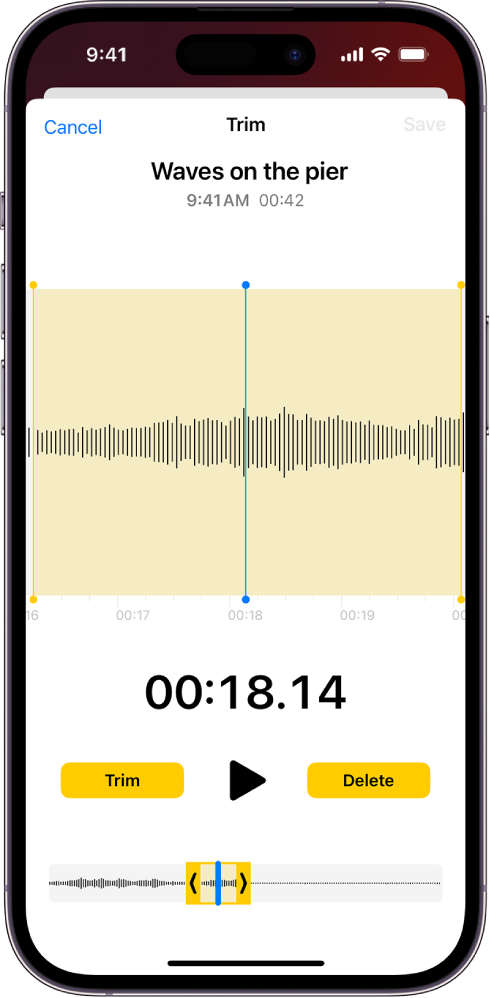 Įrašas redaguojamas su geltonais apkarpymo žymekliais, žyminčiais garso bangos formos dalį ekrano apačioje. Po bangos forma pasirodo mygtukas „Play“ ir įrašymo laikmatis. Apkarpymo žymekliai yra žemiau mygtuko „Play“. Abiejose mygtuko „Play“ pusėse yra mygtukas „Trim“ (skirtas nutrinti įrašo daliai, esančiai už apkarpymo žymeklių) ir mygtukas „Delete“, skirtas pašalinti įrašo daliai, esančiai tarp apkarpymo žymeklių.