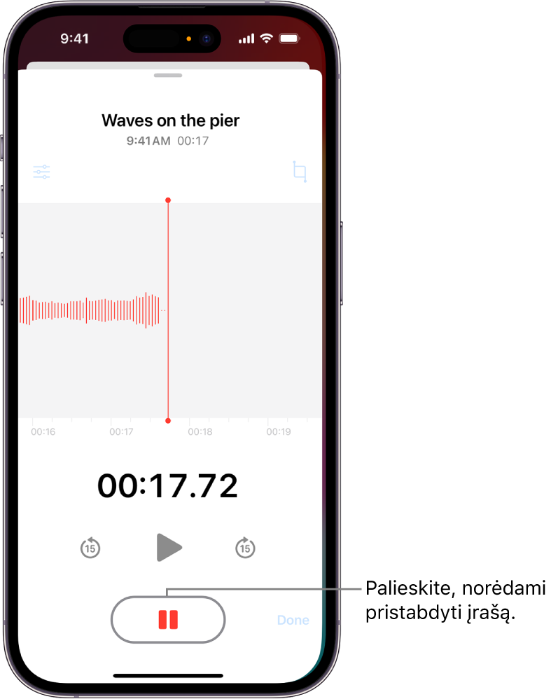 „Voice Memos“ įrašas, kuriame rodoma įrašomo garso bangos forma, laiko indikatorius ir mygtukas įrašymui pristabdyti.