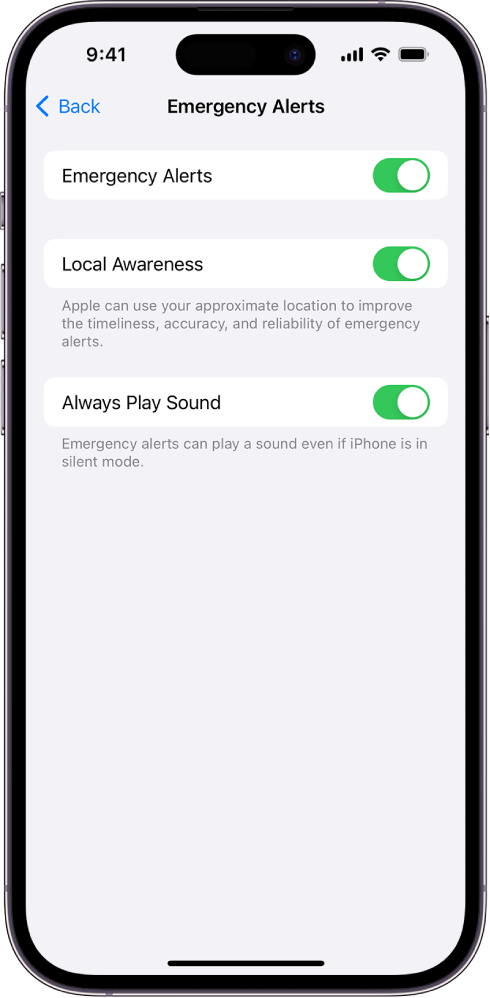 „Emergency Alerts“ ekranas, įjungtos parinktys „Emergency Alerts“, „Local Awareness“ ir „Always Play Sound“.
