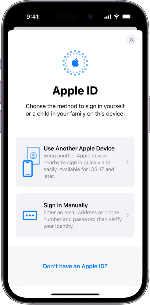 „Apple ID“ prisijungimo ekranas su parinktimis prisijungti naudojant kitą „Apple“ įrenginį, prisijungti rankiniu būdu arba neturėti „Apple ID“.